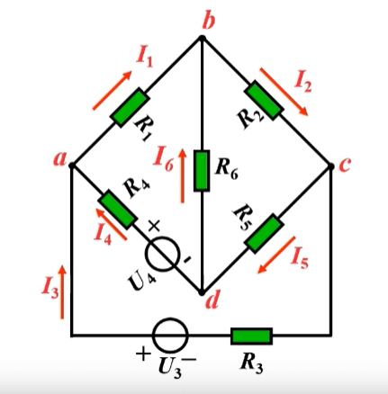 电路分析示例图一:用于练习识别支路、结点、回路和网孔的电路图