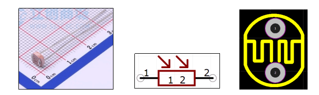 光敏电阻实物图和原理图:展示光敏电阻的外观和电路符号