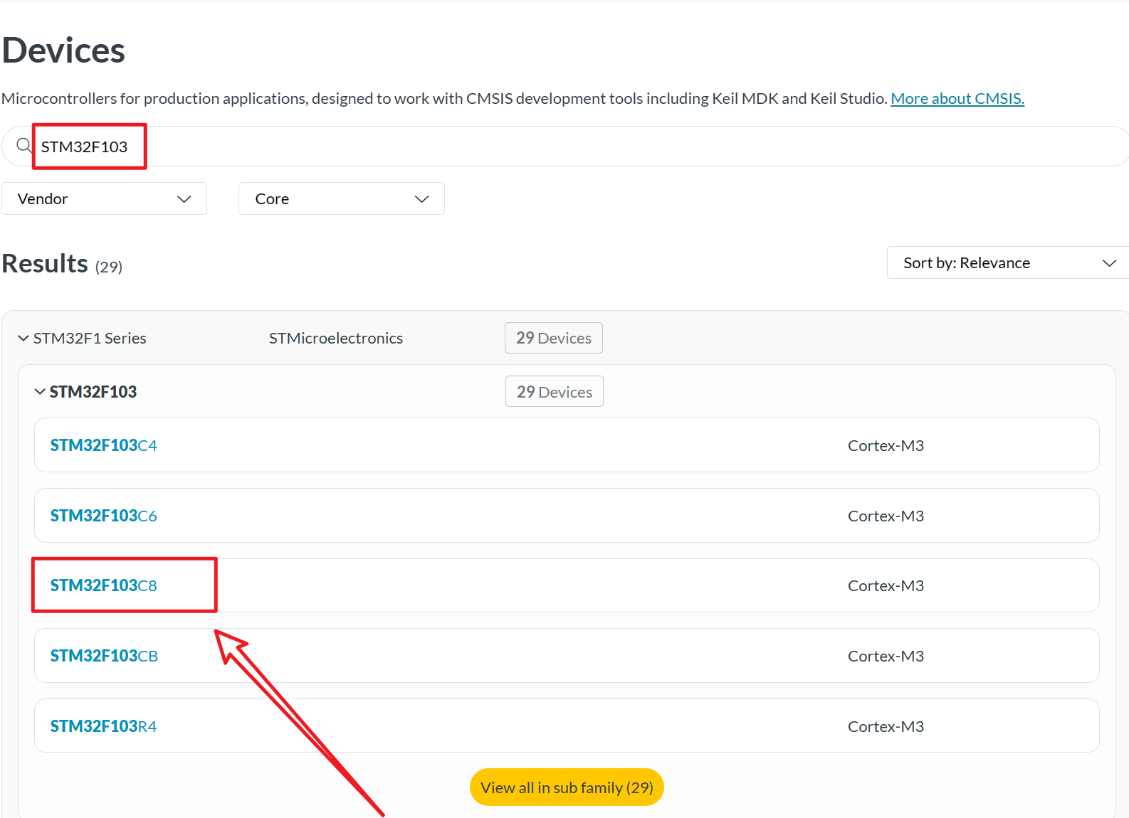 Keil官网芯片搜索结果