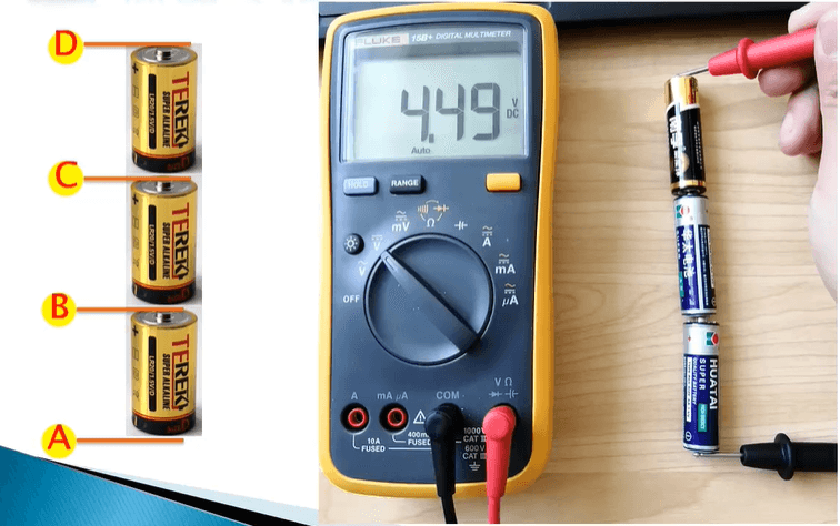 串联电池组电位分析图:三节1.5V干电池串联后各点电位分布