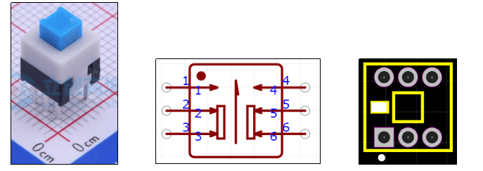 自锁按键开关实物图和原理图:展示7*7插件平头自锁按键开关