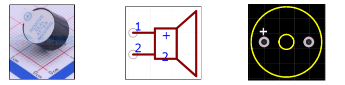 有源蜂鸣器实物图和原理图:展示有源蜂鸣器的外观和电路符号