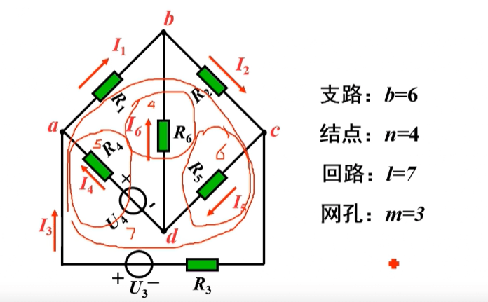 电路分析示例图二:用于练习识别支路、结点、回路和网孔的电路图